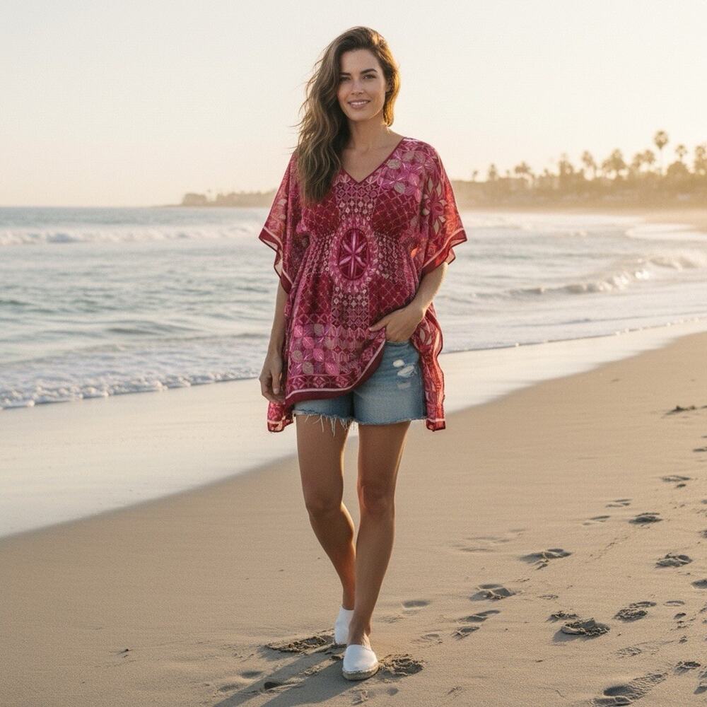 Vtg Boho Sheer Tunic Medium Beachy Hippie Retro 70s Flowy Kimono Fully Lined